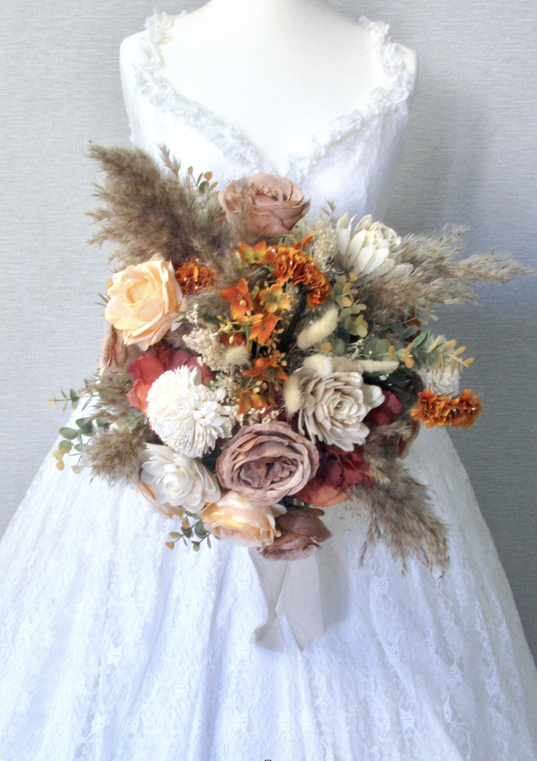 Boho Wedding Bouquet, Burnt orange, latte, Pale peach/apricot with pampas grass